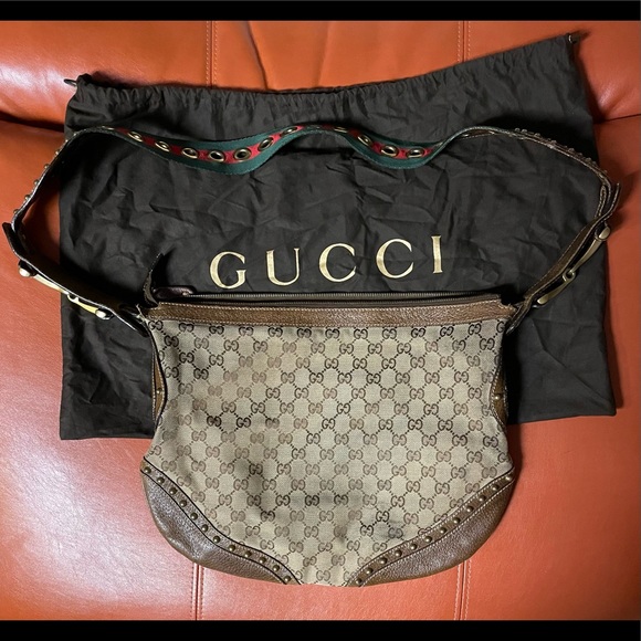 Authentic Brown Gucci Large Pelham Half Moon Shoulder Bag with Gold Studs - Picture 2 of 9